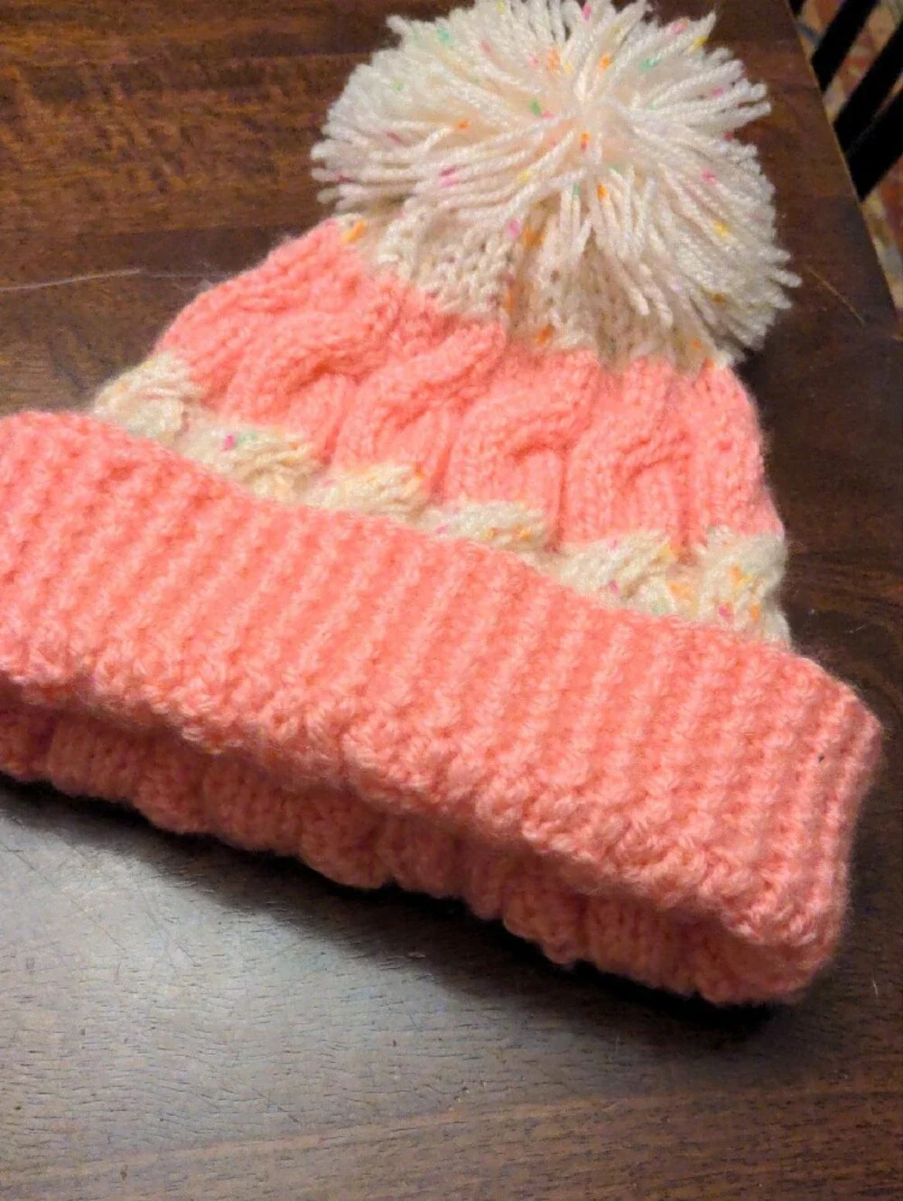 Handmade Kids Pom-Pom Cable Knit Beanie - Pink & Cream